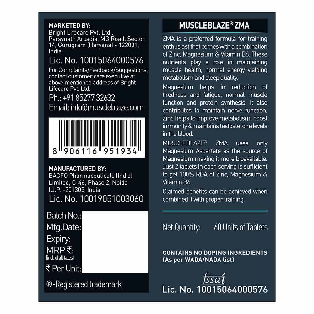 Magnesium Rsa MuscleBlaze ZMA with 100% RDA of Zinc, Magnesium & Vitamin B6 ...